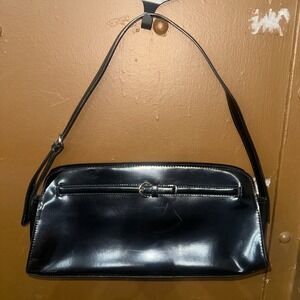 Nine West Black Patent Shoulder Bag Sleek Y2K Minimalist Baguette Style Buckle